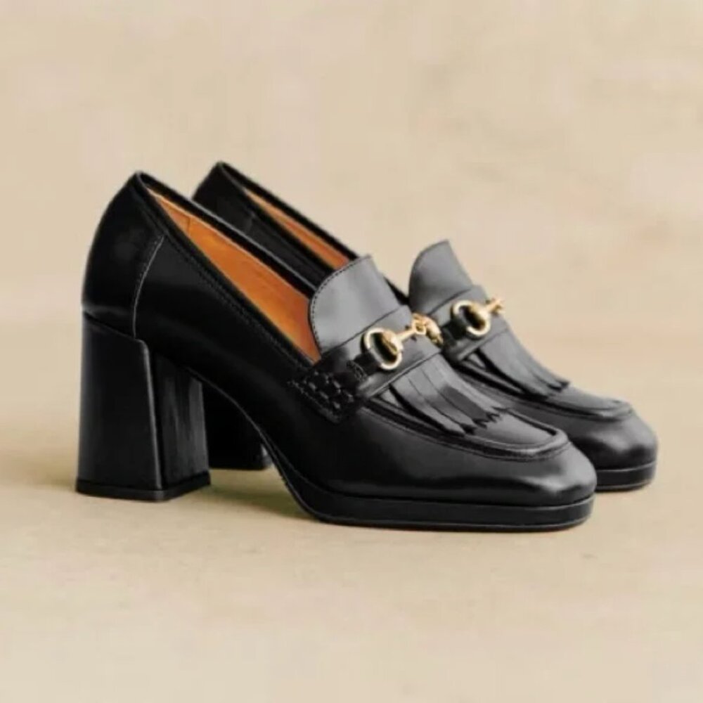 Sézane Black Leather Block Heel Loafers with Gold Hardware